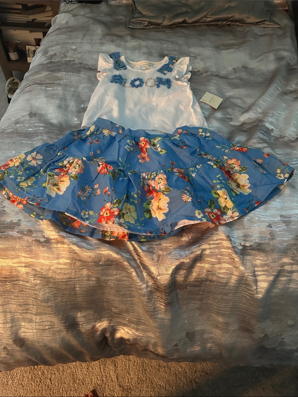 Cynthia Rowley White Ruffle Top with Blue Floral Skirt